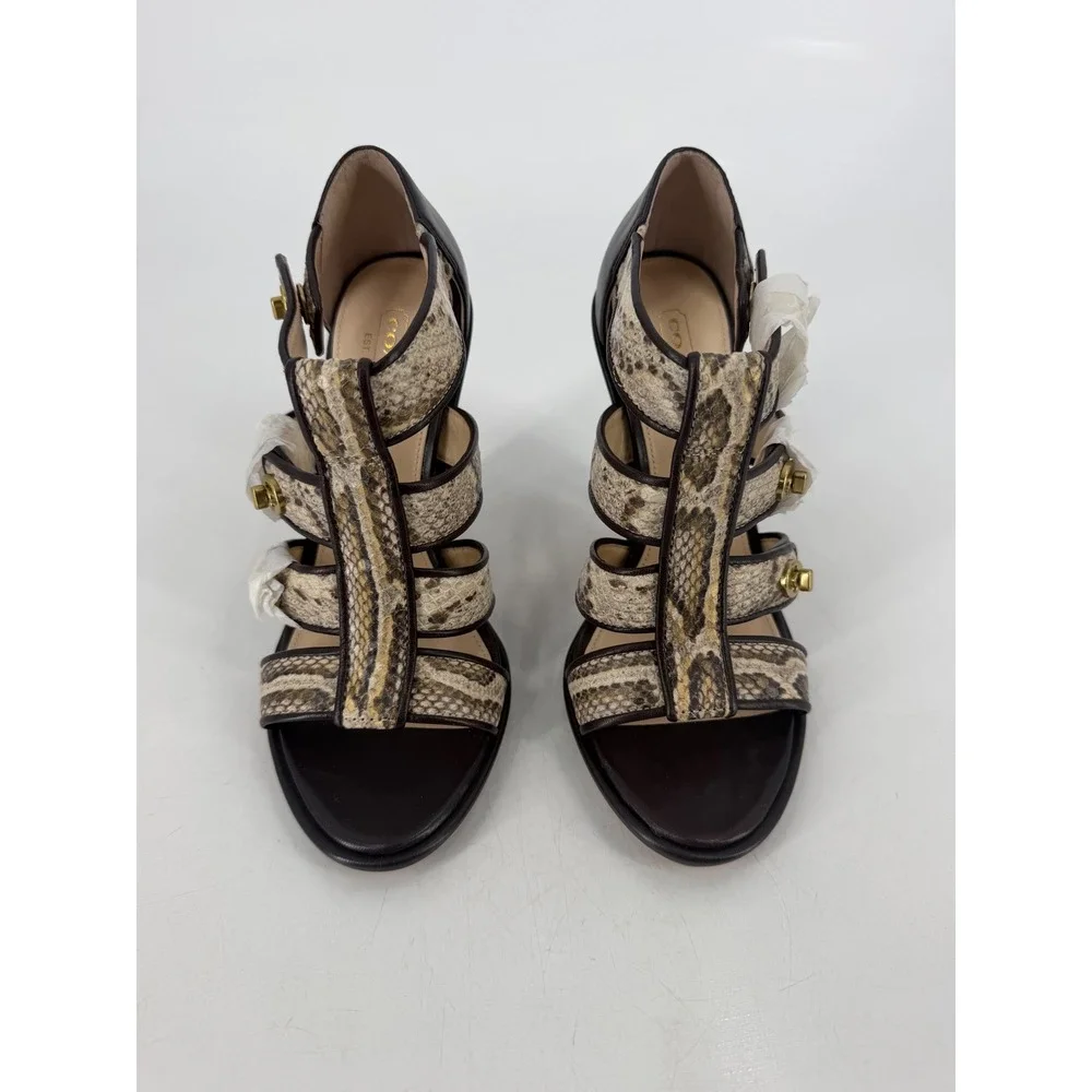Coach Tamarah Heels Sz 6.5 Brown Snakeskin Turnlock Leather NWOT Mob Wife Caged